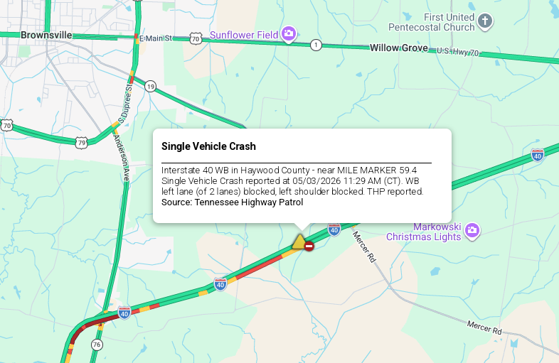 LiveTraffic2's tweet image. Haywood County/Brownsville Area- A crash on I-40 eastbound at 59 mm 1:34pm CT. commanderchuck.net #CommanderChuck #Memphis #Tennessee #TDOT #Traffic #TrafficAlert #Follow #Weather