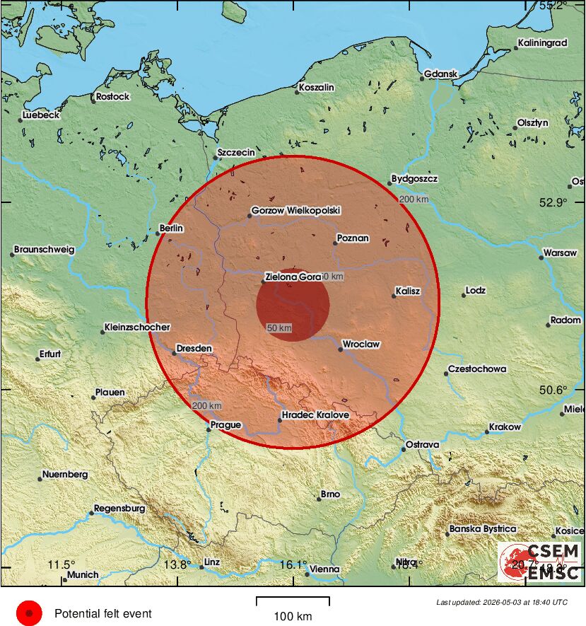 LastQuake's tweet image. #Earthquake (#wstrząs) possibly felt 36 sec ago in #Poland. Felt it? Tell us via:
📱m.emsc.eu/#app
🌐m.emsc.eu
🖥emsc-csem.org
⚠ Automatic crowdsourced detection, not seismically verified yet. More info soon!