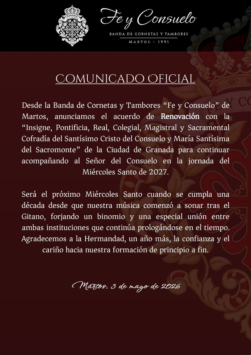FeyConsuelo's tweet photo. 𝐂𝐎𝐌𝐔𝐍𝐈𝐂𝐀𝐃𝐎 𝐎𝐅𝐈𝐂𝐈𝐀𝐋 | 𝐌𝐈É𝐑𝐂𝐎𝐋𝐄𝐒 𝐒𝐀𝐍𝐓𝐎 𝟐𝟎𝟐𝟕

@HdadGitanosGR

#UnLegadoDeFe
#FyC26
#SSFyC27 https://t.co/lYSkR7wWSf