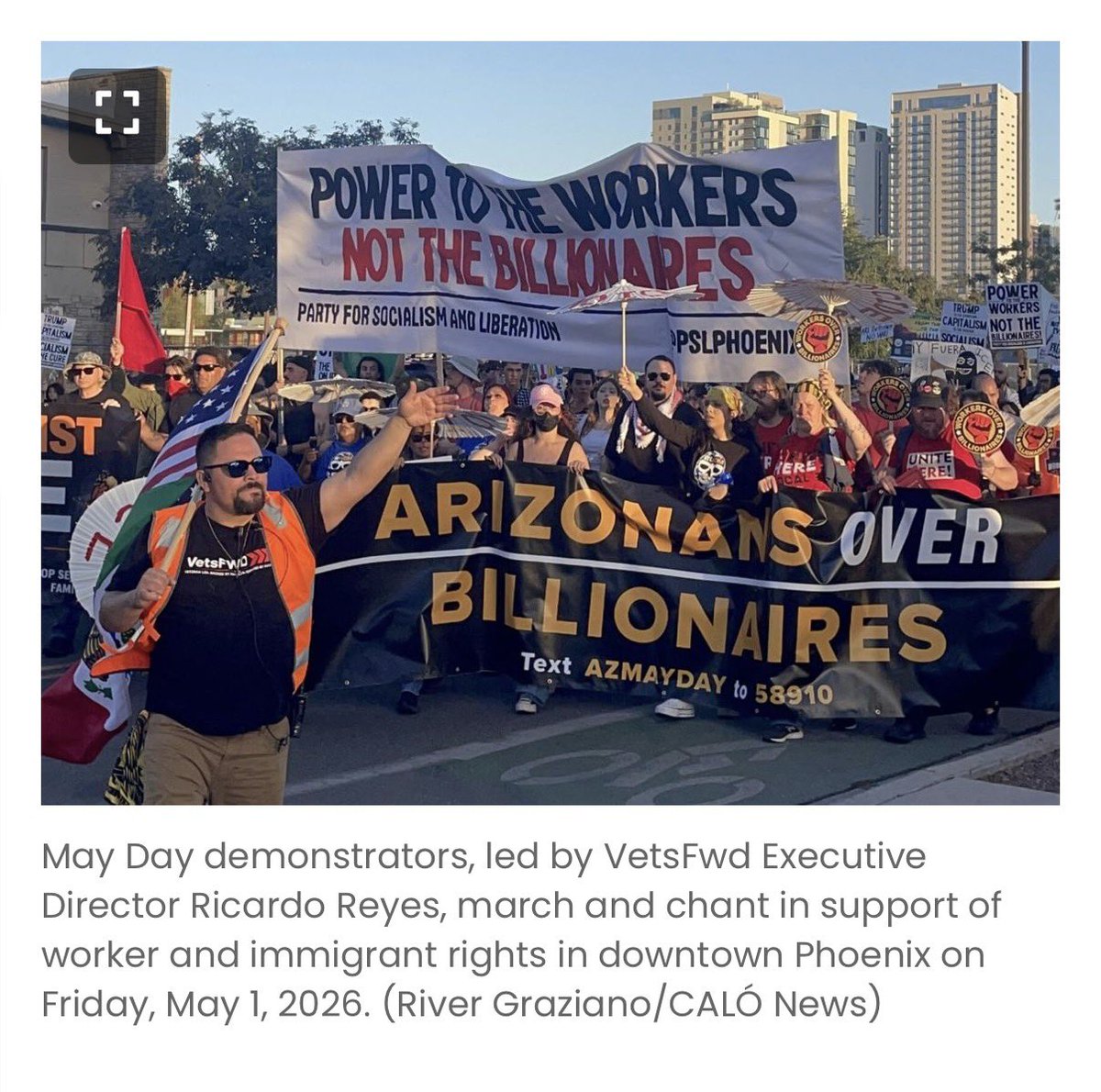 Vets_FWD's tweet photo. Vets Forward Executive Director Ricardo Reyes leading the May Day March through Downtown Phoenix. 

https://t.co/shfIHR0vLo https://t.co/iqn5w3Rynf