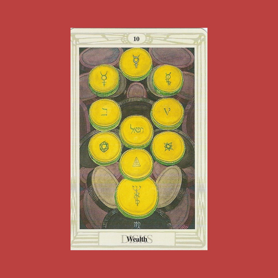 #TAROT &amp; ASTROLOGY! 10 PENTACLES. Earth sign Virgo. Connection to Mother Earth, abundance w/ earthly matters of health, home, food &amp; finances. RWS deck prosperity, security &amp; family legacies. Thoth deck simply Wealth. Planet Mercury ruler of Virgo for grounded communication.