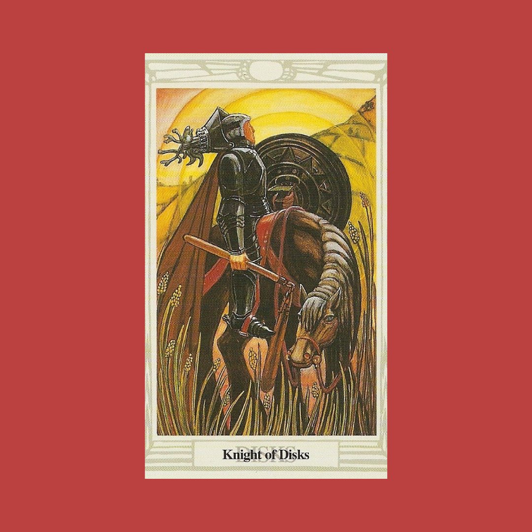 #TAROT &amp; ASTROLOGY! KNIGHT of PENTACLES. Earth sign Virgo. Knight on a quest or journey but element Earth so slower pace than the other  Knights. Lull in activities. Horse in Thoth deck is grazing not charging. But patient, persistent &amp; methodical leads to success today.