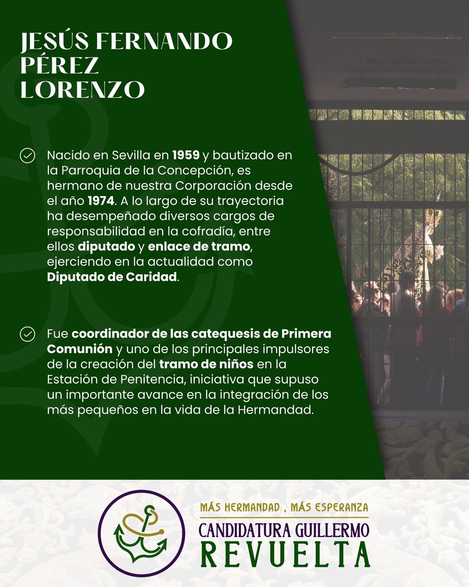 CandRevuelta's tweet photo. ⚓️ NUESTRO EQUIPO | 𝐉𝐞𝐬𝐮́𝐬 𝐅𝐞𝐫𝐧𝐚𝐧𝐝𝐨 𝐏𝐞́𝐫𝐞𝐳 𝐋𝐨𝐫𝐞𝐧𝐳𝐨, candidato a diputado de caridad 

✅ Para Jesús Fernando, la caridad no es un complemento, sino el eje que da sentido a todo lo demás: Una Fe que se hace gesto concreto, presencia cercana y mano tendida al que más lo necesita

🫂 Actualmente es 𝗱𝗶𝗿𝗲𝗰𝘁𝗼𝗿 𝗱𝗲𝗹 𝗖𝗲𝗻𝘁𝗿𝗼 𝗱𝗲 𝗔𝗽𝗼𝘆𝗼 𝗜𝗻𝗳𝗮𝗻𝘁𝗶𝗹 𝗘𝘀𝗽𝗲𝗿𝗮𝗻𝘇𝗮 𝗱𝗲 𝗧𝗿𝗶𝗮𝗻𝗮. Durante su gestión se han alcanzado importantes hitos, como la culminación de la etapa terapéutica con alumnado de Educación Secundaria, conjugando la atención a niños con TDAH con el apoyo educativo; la creación de una escuela de padres; la implantación de un sistema de Prevención de Riesgos Laborales; y el diseño y puesta en marcha de la página web del centro

🤝🏻Estos logros, han consolidado al centro como un 𝗿𝗲𝗳𝗲𝗿𝗲𝗻𝘁𝗲 𝗲𝗻 𝗲𝗻 𝗦𝗲𝘃𝗶𝗹𝗹𝗮

💜 Hermanos, consideramos imprescindible que conozcáis a quienes forman el equipo de esta candidatura antes de compartir todas las propuestas que, Dios mediante, llevaremos a cabo si contamos con vuestro apoyo en el próximo cabildo general de elecciones, y que seguiremos desgranando en las próximas fechas para que seáis los primeros en conocerlas.

🤝🏻 Por ello, continuamos compartiendo con todos vosotros las personas que trabajan y 𝘁𝗿𝗮𝗯𝗮𝗷𝗮𝗿𝗮́𝗻 𝗶𝗻𝗰𝗲𝘀𝗮𝗻𝘁𝗲𝗺𝗲𝗻𝘁𝗲 para 𝘀𝗲𝗴𝘂𝗶𝗿 𝗰𝗼𝗻𝘀𝘁𝗿𝘂𝘆𝗲𝗻𝗱𝗼, entre todos los hermanos de la Esperanza de Triana, #MásHermandadMásEsperanza💚