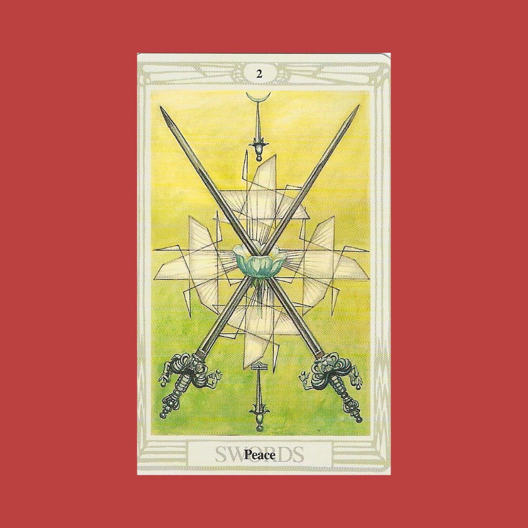 #TAROT &amp; ASTROLOGY! 2 SWORDS. Air sign Libra. Peace of mind, mental equilibrium &amp; tranquility. RWS deck blind justice &amp; unbiased truth. Thoth deck simply Peace. A small card but can be powerful &amp; calming. 2 Spades.