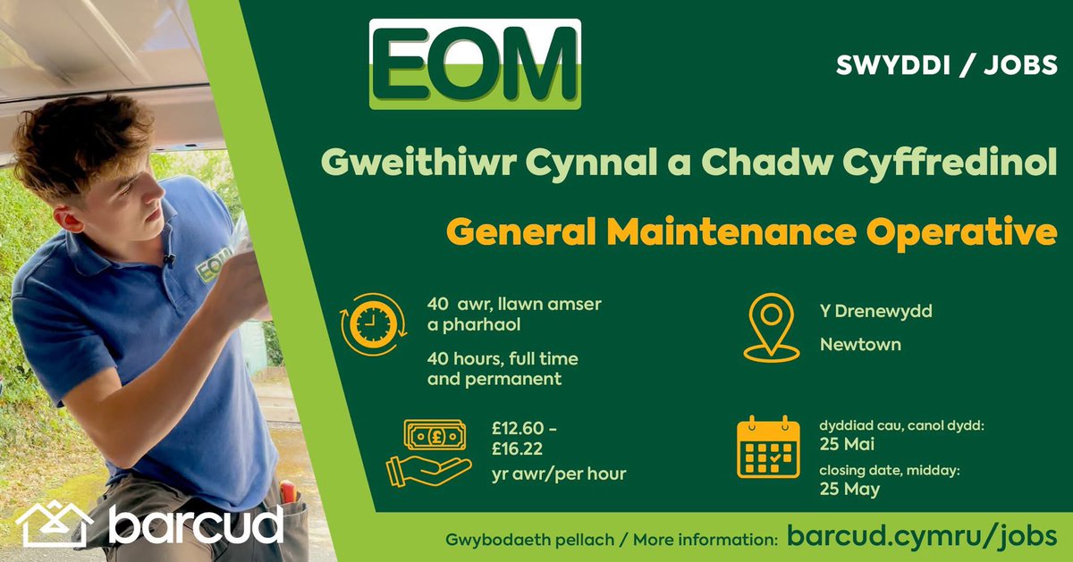 taibarcud's tweet photo. SWYDD GWAG - GWEITHIWR CYNNAL A CHADW CYFFREDINOL
📍 Y Drenewydd
Am fwy o wybodaeth ewch i  👉 https://t.co/805Si4w7Mn
Dewch i ymuno â'r tîm.
_
JOB VACANCY - GENERAL MAINTENANCE OPERATIVE
📍 NEWTOWN 

For more information or to apply visit 👉 https://t.co/805Si4w7Mn https://t.co/YVohysZadC