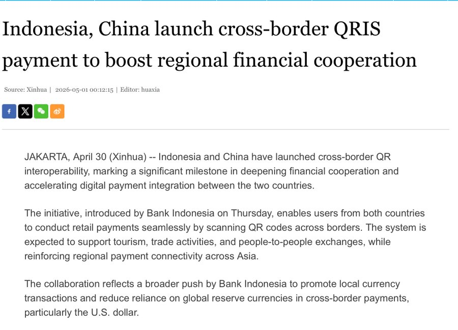 solusfinance's tweet image. China 🇨🇳 + Indonesia 🇮🇩 just integrated national QR payments.

Tourists &amp;amp; businesses can pay directly in CNY + IDR — fewer USD intermediaries, smoother cross-border settlement, and potential 2–3% FX cost savings.

Quiet de-dollarization, one scan at a time. #FX #Forex #Payments