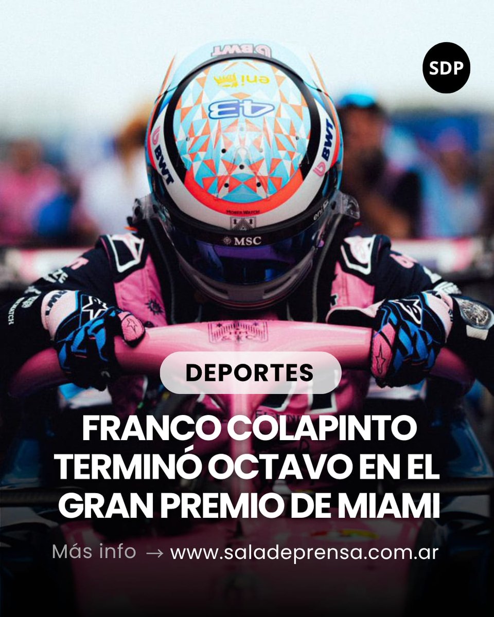 saladeprensaarg's tweet photo. #DEPORTES | Franco #Colapinto repitió su mejor actuación en la Fórmula 1: terminó octavo en el Gran Premio de #Miami

🏎🏆El argentino completó una carrera fenomenal para sumar cuatro puntos con #Alpine. https://t.co/Frb4ygLJiS