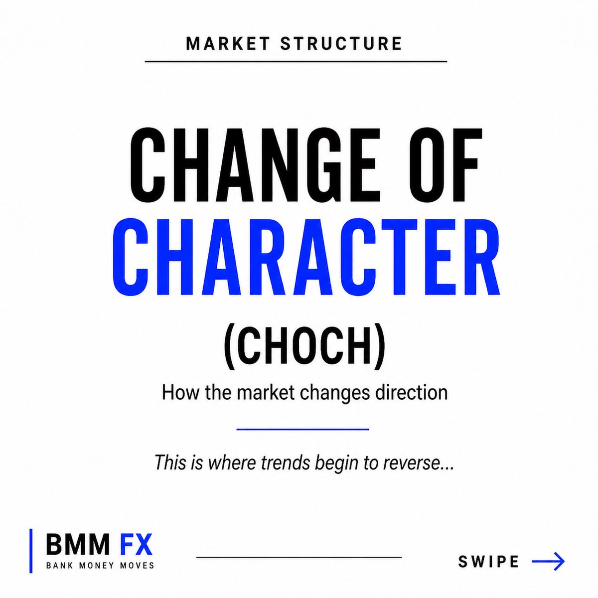 BMM_FX's tweet photo. Understanding CHOCH (Change of Character) in forex trading.

CHOCH happens when price breaks structure in the opposite direction, signaling a possible trend reversal.

If you can identify CHOCH, you stop guessing and start reading when the market is about to change direction. https://t.co/xNQ2f8crQ5
