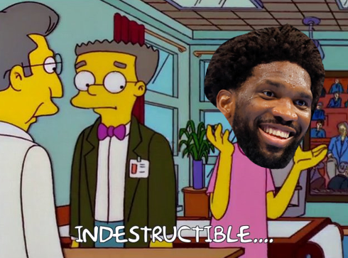 SimpsonsNBA's tweet photo. Embiid averaging 28.0 PPG, 9.0 RPG, 7.0 APG after appendicitis https://t.co/ScoLFGhIi8