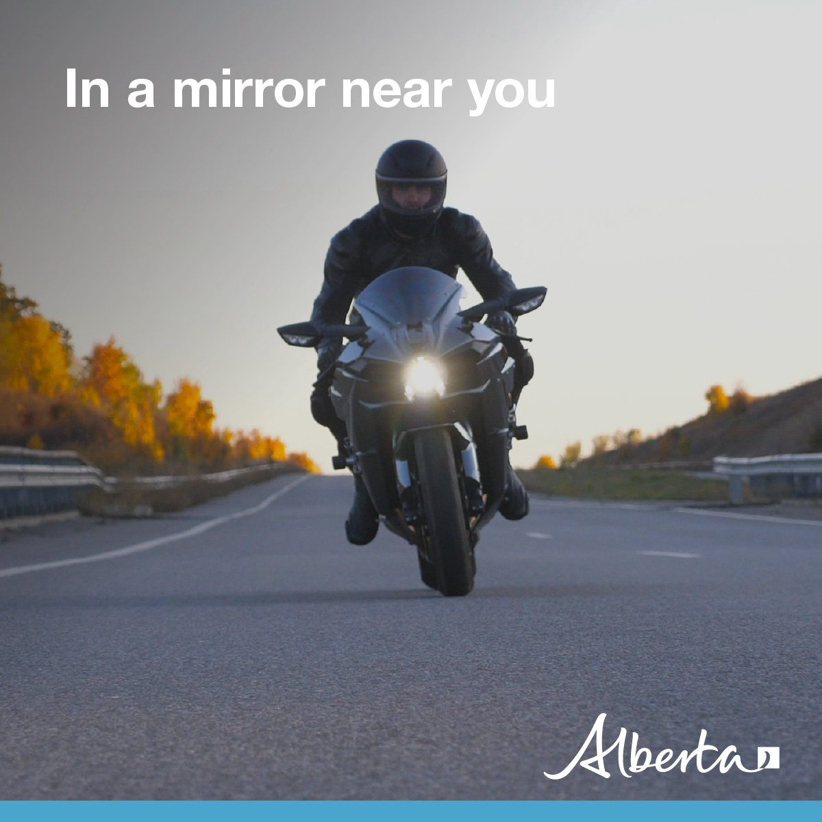 ABTransComm's tweet image. Now, on a road near you – motorcycles are smaller and less visible than cars. Keep an eye out for them. #SharetheRoad #DriveSafe #ABRoads