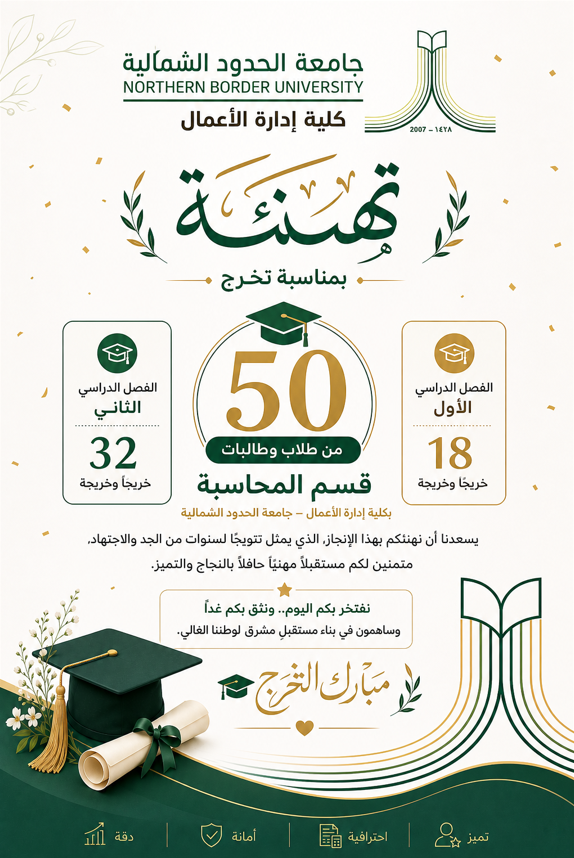 يسرّ كلية إدارة الأعمال أن تتقدم بخالص التهاني والتبريكات لأبنائها وبناتها الخريجين في قسم المحاسبة، بمناسبة تخرجهم، والذي يمثل ثمرة سنوات من الجد والاجتهاد، وبداية مرحلة جديدة نحو مستقبل مهني واعد.
وإذ نفخر بهذا الإنجاز، فإننا نؤكد ثقتنا بقدرتكم على توظيف ما اكتسبتموه من معارف