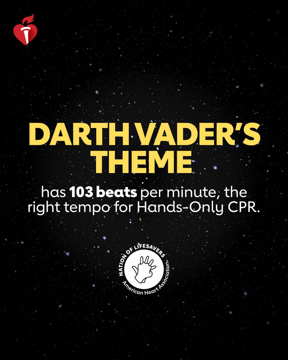 AHAKansas's tweet photo. The power to save a life doesn’t take years of Jedi training. Just learn the two steps of Hands-Only CPR. 

1️⃣ call 911 
2️⃣push hard and fast in the center of the chest to the beat of The Imperial March.  

 #StarWarsDay #NationofLifesavers #CPRwithHeart #Maythefourth #May4th https://t.co/In5G2GIFeU