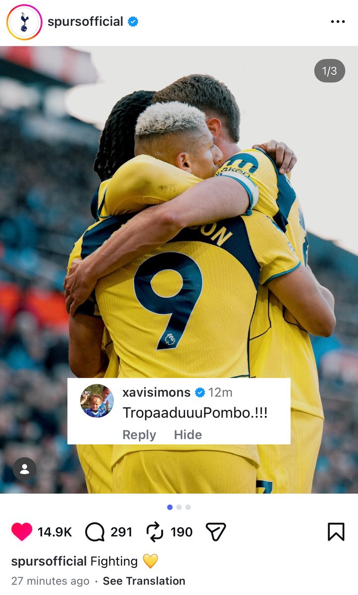 Spurs_KR's tweet image. 히샬리송 득점 사진에 댓글을 남긴 시몬스🤍

“우리 비둘기 팀!!”

#THFC #COYS #SpursKR #토트넘