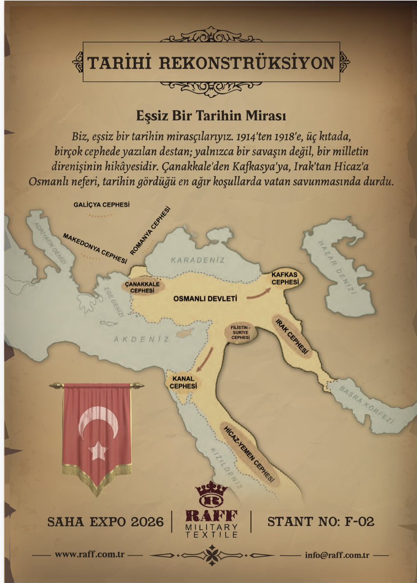 erayyukseloglu's tweet photo. Türk askeri, köklü tarihi boyunca her cephede, her zorlu şartta sayısız destan yazdı. Şanlı geçmişimizin her bir dönemi ayrı bir kahramanlık, ayrı bir fedakârlık hikayesi. Biz de 4 kuşaktır bu mesleğe gönül vermiş @RaffMilitaryTR olarak bu eşsiz mirasa kelimelerle değil, en iyi bildiğimiz işle, yani kendi uzmanlık alanımızla bir saygı duruşunda bulunmak istedik.

Aslında benim uzun zamandır içimde yatan çok büyük bir hayalim var: 2234 yıllık köklü Türk askeri tarihi boyunca askerlerimizin giydiği üniformaları kapsayan dev bir koleksiyon hazırlamak. 

Tabii ki o çok eski dönemlere ait fiziksel üniformalara bugün ulaşmamız söz konusu bile değil. Amacımız; tamamen tarihi bilgilerden, belgelerden ve kayıtlardan yola çıkarak bu üniformaları aslına uygun bir şekilde birebir yeniden oluşturmak.

İşte bu büyük hedefin ilk adımı olarak, şu an @SahaExpo da tarihimizin çok önemli bir kesitine odaklanıyor ve 1914-1918 döneminde askerimizin giydiği üniformaları sergiliyoruz. 

Şirket olarak yalnızca üniformayı değil; ayakkabısından çantasına, tüfeğinden kemerine kadar bütün aksesuarlarıyla birlikte o dönemi tam anlamıyla canlandırmak için çok titiz bir çalışma yürüttük.

Tarihin izlerini taşıyan bu üniformalardaki her detayı bizimle birlikte incelemek ve bu hayalimizin ilk parçasına şahit olmak için herkesi 5-9 Mayıs tarihlerinde fuara bekleriz. Standımızda bu tarihi atmosferi solumak ve sohbet etmekten mutluluk duyarız.

• 📅 Tarih: 5-9 Mayıs
• 📍 Yer: SAHA EXPO 2026, İstanbul Fuar Merkezi
• 🏢 Stand No: F-02

 @SavunmaSanayii @Savunma__Sanayi  @sahaistanbul 
@SASAD_Resmi @trthaberekonomi @anadoluajansi @AACanli 

#Africa #Afrique #Africa #Gaziantep #SavunmaSanayii #RaffMilitaryTextile #SAHAEXPO2026 #Tarihiuniforma #Latam #Saha2026