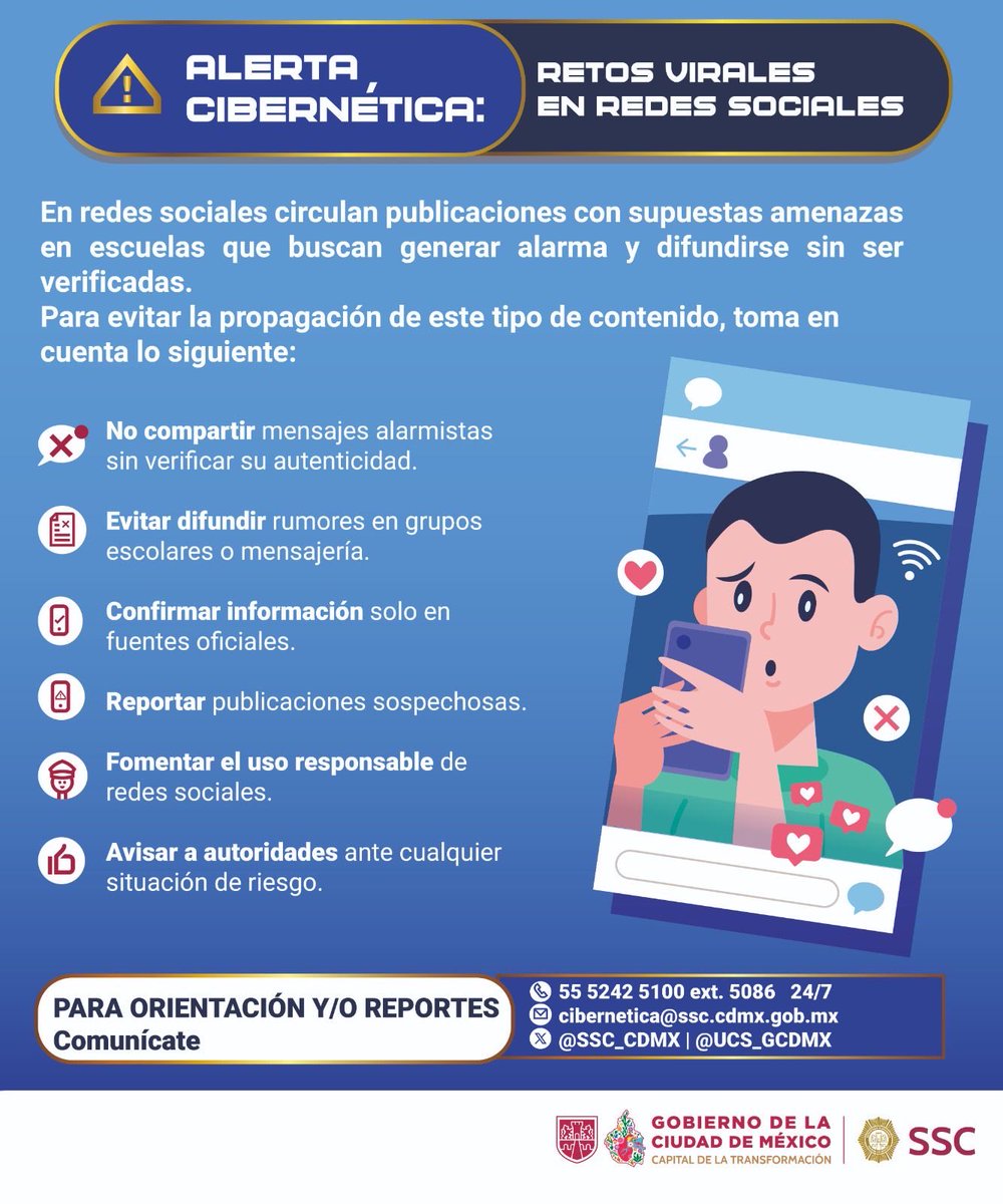 SSaludCdMx's tweet image. ¿Cómo prevenimos la difusión de supuestas amenazas en espacios escolares? ❌📱

👉 Checa esta información y guárdala para tenerla siempre a la mano. Para más orientación o reportes, comunícate con la policía cibernética de la Ciudad de México. 👮📶

#Prevención