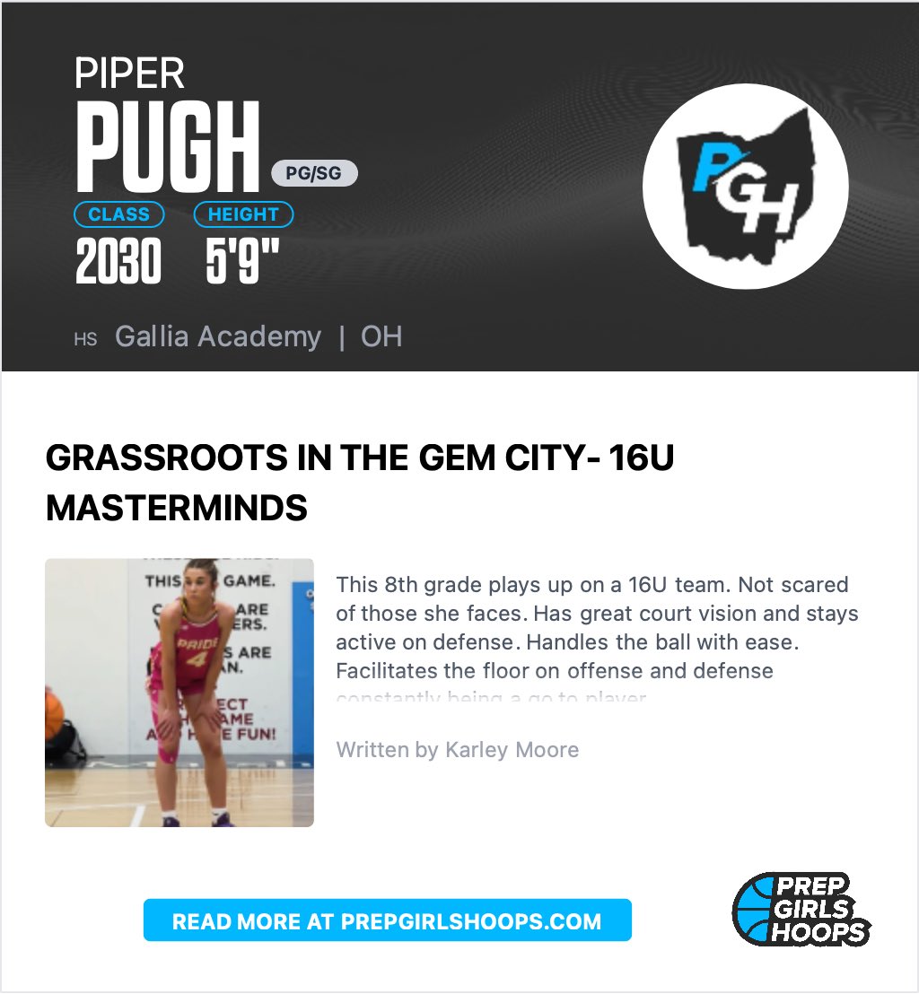 PiperPugh2030's tweet photo. Had a great weekend at the Grassroots in the Gem City tournament. Thank you to @PrepGirlsHoops @PGH_Ohio @karleymoore4 for the write up! https://t.co/tYg1VwVBIM
