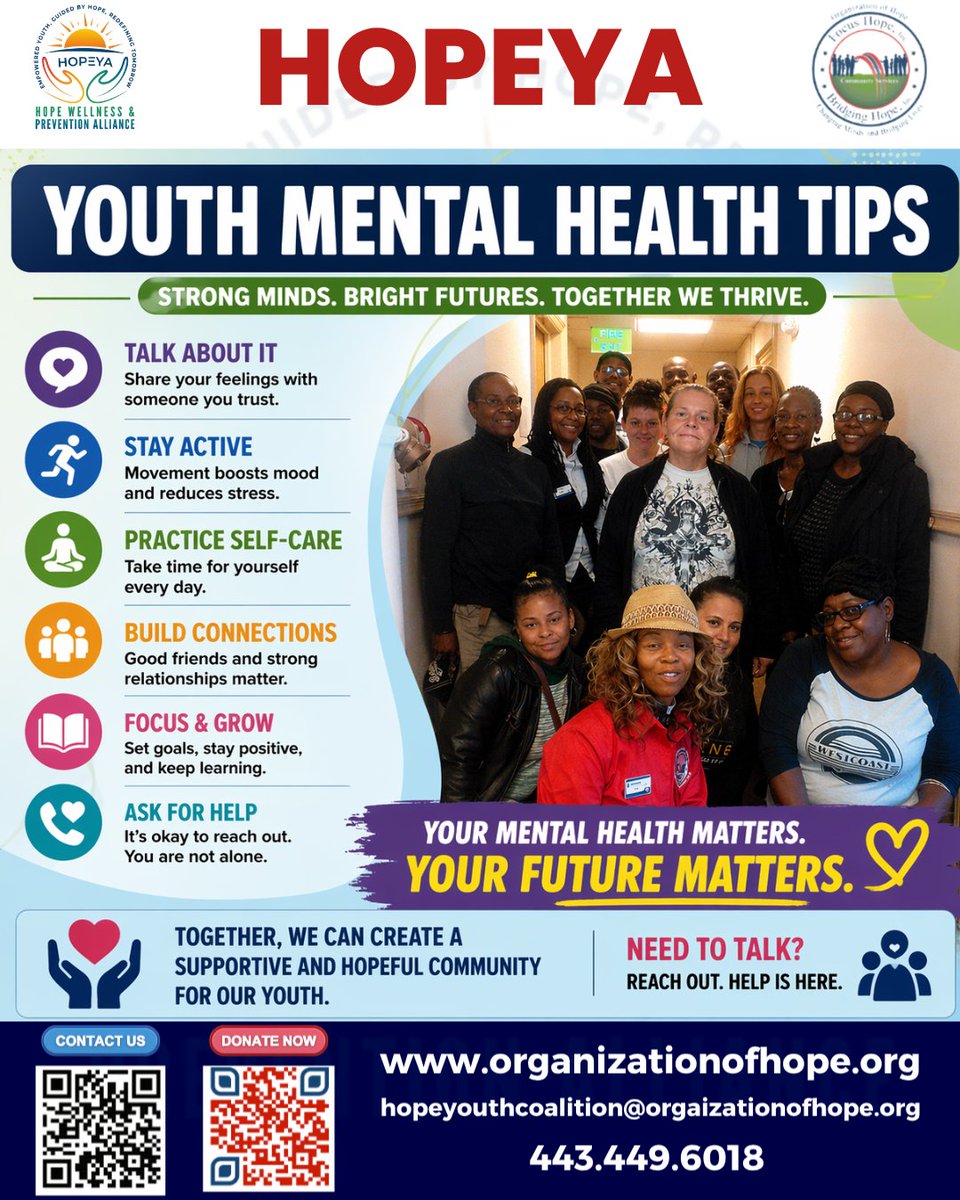 orgofhope's tweet photo. "Strong minds need support 💛🧠 We share practical tips to help youth manage emotions, build resilience, and prioritize mental wellbeing every day.
#HOPEYA #OrganizationOfHope #YouthMentalHealth #WellbeingTips #HopeInAction" https://t.co/yzhyR6RvII