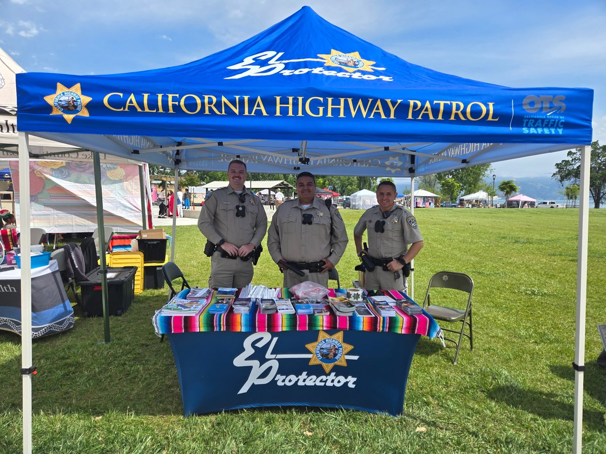 ChpClear's tweet photo. The California Highway Patrol, Clear Lake and Ukiah Area’s El Protector Program are attending Festival Del Cinco De Mayo. Officer Cortez #17904, Officer Marin #20200, Officer Gregor #23581, are ready to talk about seatbelt safety, DUI awareness, and stolen vehicle information. https://t.co/7bZ7349ZH5