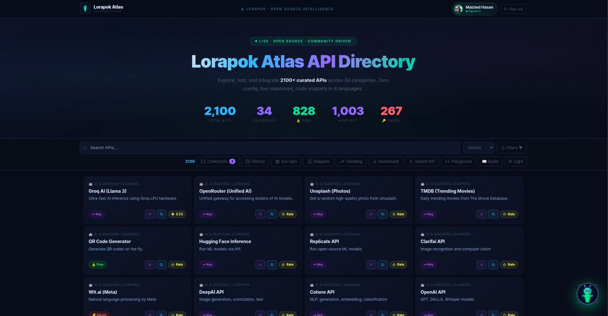 MAIJIED61's tweet image. 🚀 Today I launched Lorapok API Atlas

A free open-source platform to explore &amp;amp; test 2100+ APIs across 30+ categories — all in one place.

⚡ Zero setup
🧪 Live API testing
🤖 Built-in AI assistant

Check it out: github.com/Maijied/Lorapo…

#opensource #devtools #api #buildinpublic