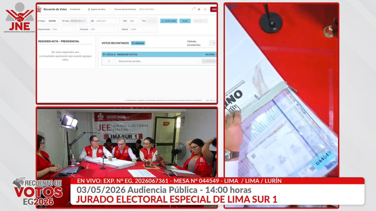 JNE_Peru's tweet image. #EnVivo | #EG2026
Audiencia pública de recuento de votos de actas observadas.
📍Jurado Electoral Especial de Lima Sur 1 ⚖️.
Mesa de sufragio N° 044549 / Lima – Lima – Lurín.
👉 youtube.com/watch?v=kXQrZb…

#RecuentoTransparente #TuVotoSeRespeta
