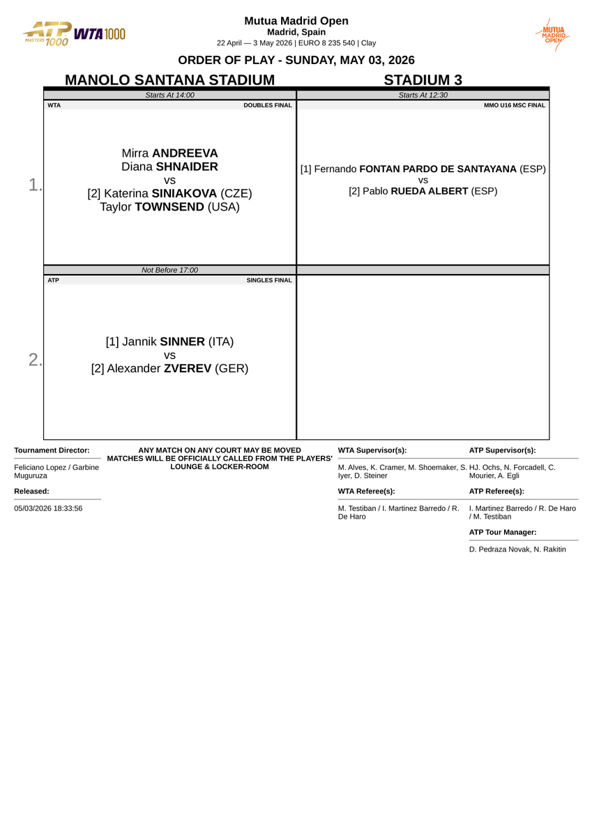ooptennis's tweet image. ATP 1000 Madrid Masters OOP: Sunday, May 03, 2026