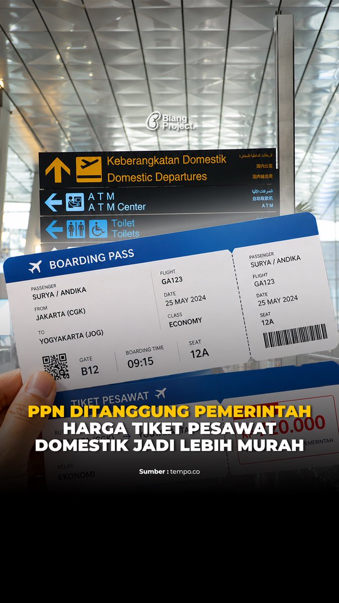 biangproject_'s tweet image. Pemerintah resmi menanggung PPN tiket pesawat kelas ekonomi domestik selama 60 hari untuk menekan lonjakan harga tiket akibat kenaikan avtur.  

Sumber Tempo

#biangproject #TiketPesawat #Travelling #Penerbangan #Ekonomi