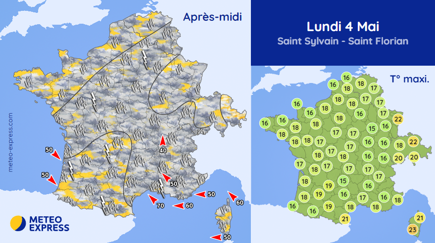 🌦️ Ce lundi : nuageux avec des averses parfois soutenues et orageuses, plus rares vers la Manche. ➡ meteo-express.com/previsions/pre…