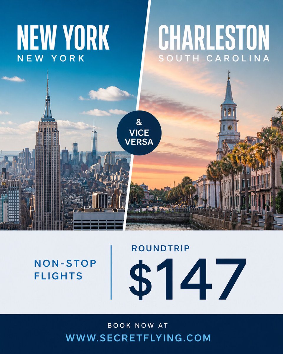 SecretFlying's tweet image. Non-stop from #NewYork to #Charleston, South Carolina (&amp;amp; vice versa) for only $147 roundtrip with United Airlines #Travel

secretflying.com/posts/new-york…