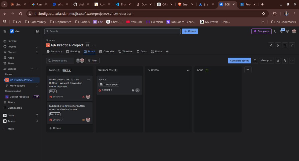 thebedigupta's tweet image. Day 44/100 of #100DaysOfCode

Did exploratory testing + filed 3 bugs in JIRA.

Learned:
• bug reporting matters as much as finding bugs
• JIRA workflows affect visibility
Still figuring things out 😅
#QAAutomation #JIRA