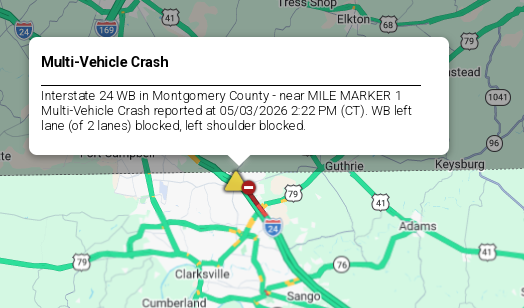 LiveTraffic2's tweet image. Montgomery County/Clarksville Area- A crash on I-24 westbound at 1 mm 2:37pm CT. commanderchuck.net #CommanderChuck #Nashville #Clarksville #Tennessee #TDOT #Traffic #TrafficAlert #Follow #Weather