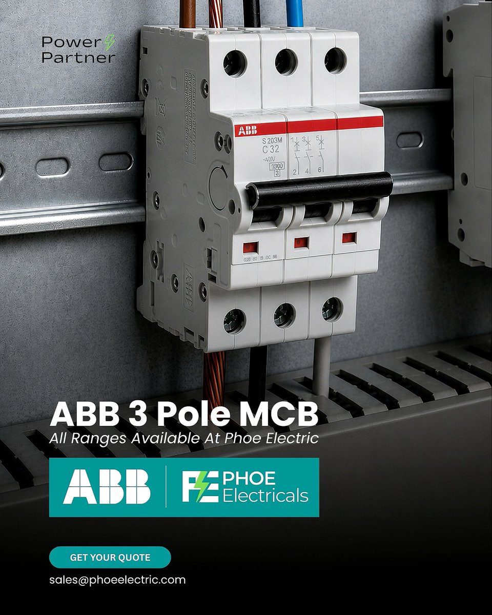 PhoeElectric's tweet image. ABB 3 Pole MCB 32A ⚡  

S203M-C32 | 10kA  
Part No: 2CDS273001R0324  

PHOE Electricals – trusted ABB supplier UAE  
Ready stock in Dubai | Fast delivery  

#ABB #MCB #Dubai #ElectricalSupplierUAE