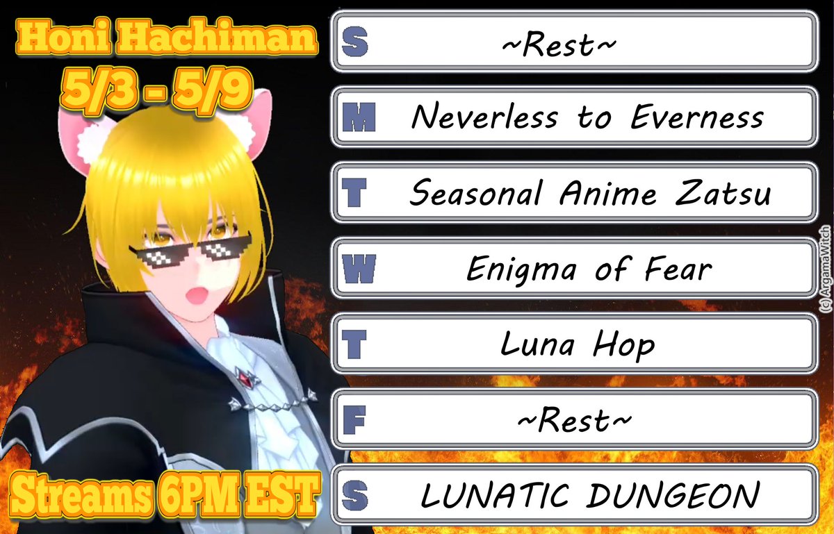 HoniHachiman's tweet photo. Let's see if I can follow my schedule this week! 🧡 First look at a gacha game, delayed zatsu, maybe finish a game, and a surprise trip to Seoul?! Will I learn to 2D or Twitch?

It will be great. Trust. 🦒🦒🦒

#ENvtuber
#NTE
#EnigmaOfFear https://t.co/uGyQpD8CSx
