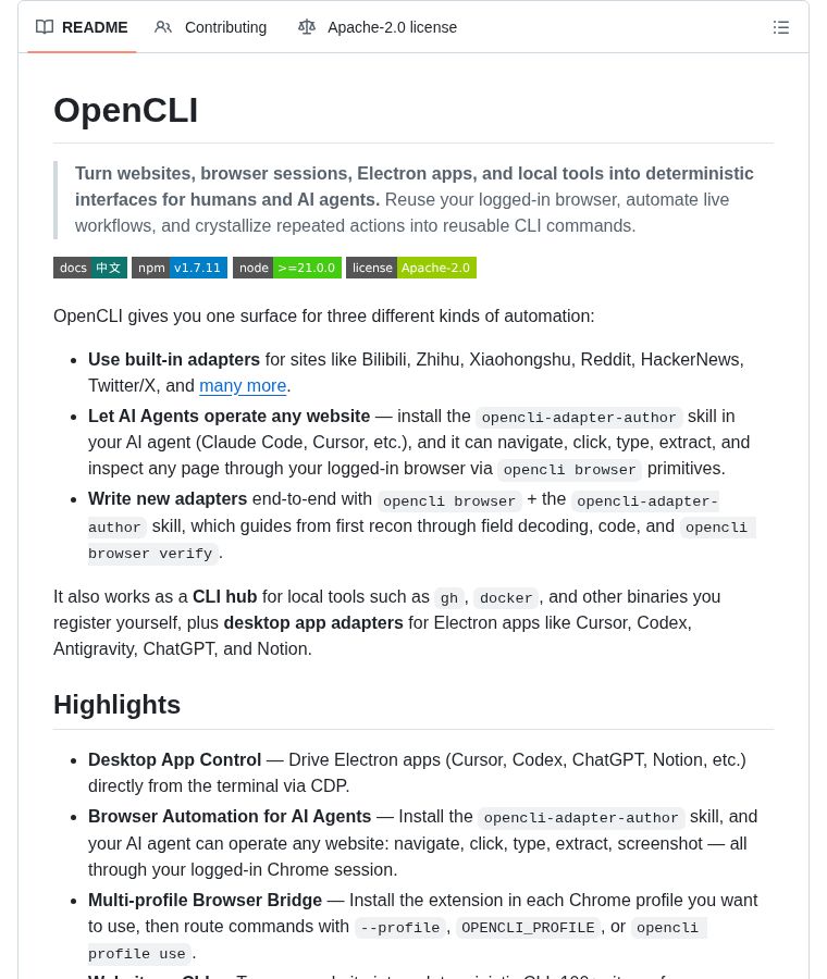 chenzeling4's tweet image. OpenCLI: Turn any website, Electron app, or local tool into a CLI. Adapters for Reddit, X, HackerNews, Bilibili, Zhihu. Drive Cursor, Codex, ChatGPT, Notion from terminal. AI agents navigate your logged-in browser. Custom adapters. By jackwener. JavaScript.

18,592 stars
#CLI #AI