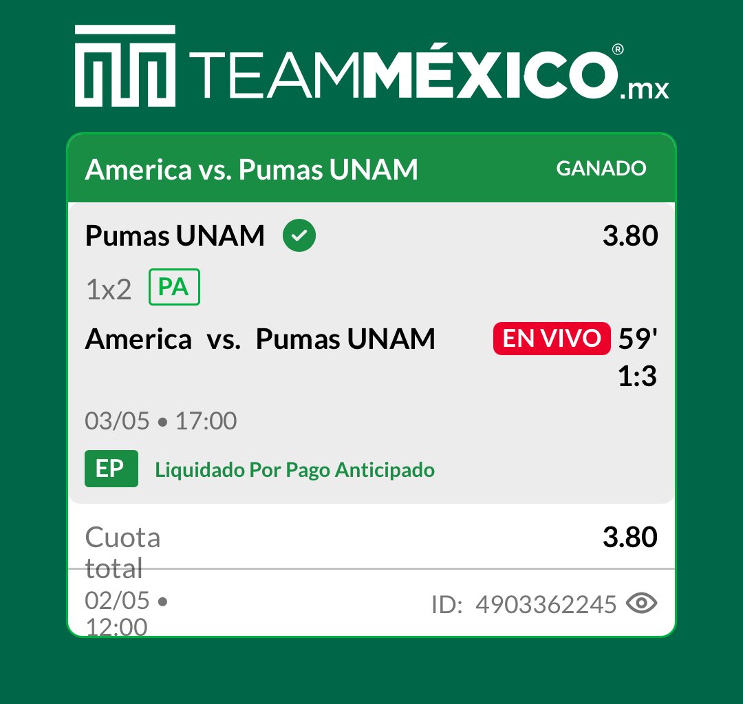 ElLoboVIP's tweet photo. Pumas ML (3.80)📈✅

¡¡QUE GOLAZO DE PUMAS Y COBRAMOS CON PAGO ANTICIPADO!!

Bien dije que el momio que tenía Pumas era absurdo y sacamos el máximo provecho de ese error del casino

El pick principal está del otro lado y ganamos una vez más con Pumas

Felicidades por la 8va Pumas https://t.co/sSWh91svty