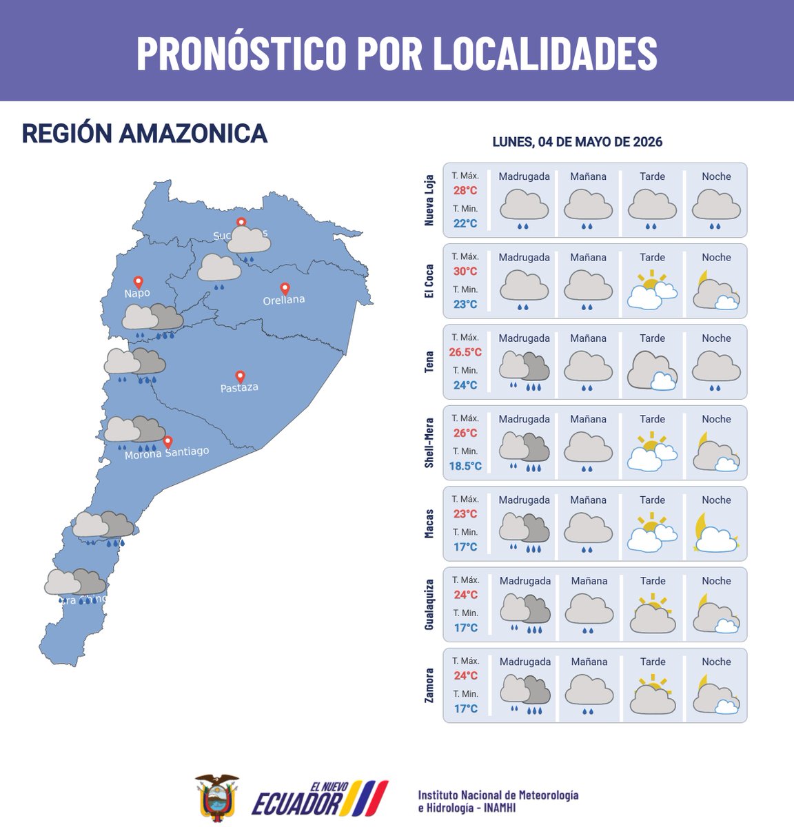 inamhi_ec's tweet photo. #PronósticoNacionalEc | Lunes 04 de mayo de 2026: Continuarán las lluvias y lloviznas en estribación de cordillera de la Amazonía y cento/sur de la región Sierra🌧️
🟠Advertencia No. 32 vigente.
Tome precauciones. https://t.co/0lDIGv4qMb