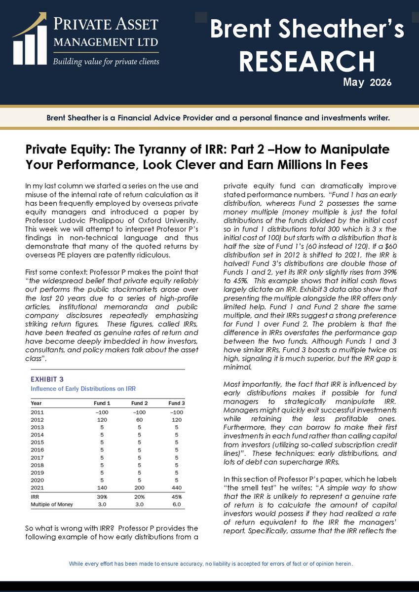 brentsheather's tweet photo. Below is my latest research: "Private Equity: The Tyranny of IRR: Part 2 –How to Manipulate Your Performance, Look Clever and Earn Millions In Fees", which also appeared in NBR. https://t.co/GqekZhA0uo