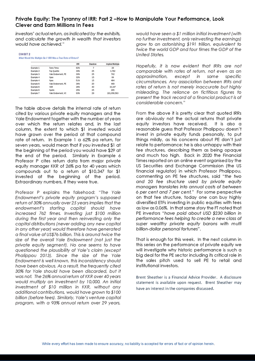 brentsheather's tweet photo. Below is my latest research: "Private Equity: The Tyranny of IRR: Part 2 –How to Manipulate Your Performance, Look Clever and Earn Millions In Fees", which also appeared in NBR. https://t.co/GqekZhA0uo