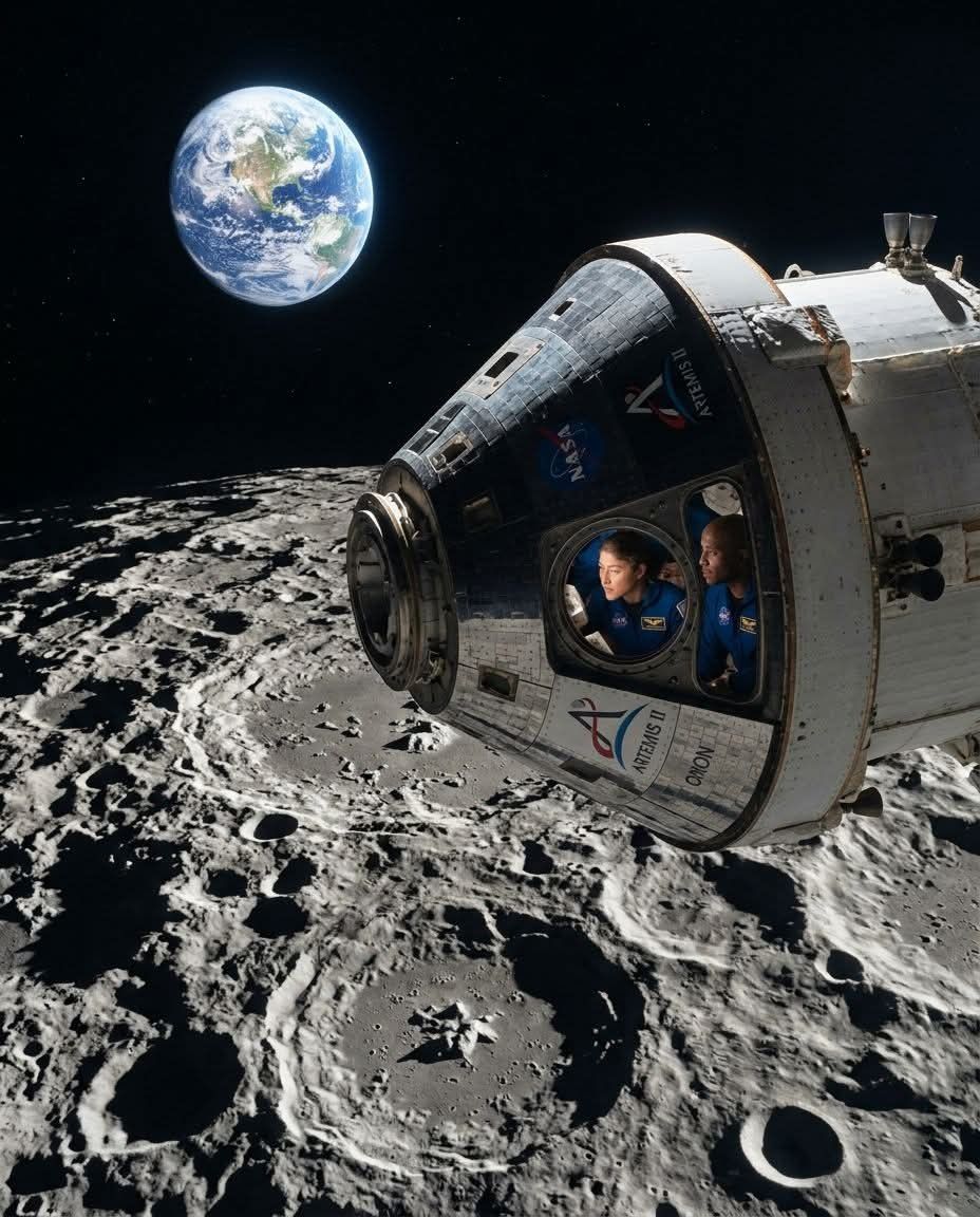 Sci_Nature0's tweet image. A once-in-a-lifetime moment as Christina Koch and Reid Wiseman witness the Orion spacecraft gliding close to the Moon’s surface, with Earth shining beautifully in the distance 🌕✨🌍
#ArtemisII #NASA