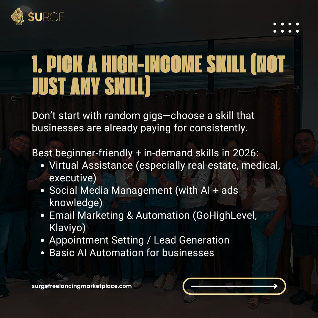 surgemktplace's tweet image. NEED TO LAND A FREELANCING CLIENT THIS 2026? 

Starting freelancing in 2026 isn’t about “trying everything”—that’s the fastest way to burn time. The real advantage now is focus + positioning. 

&amp;lt;3

#surgemarketplace
#freelancing 
#virtualassistant
#onlinejobs 
#workfromhome