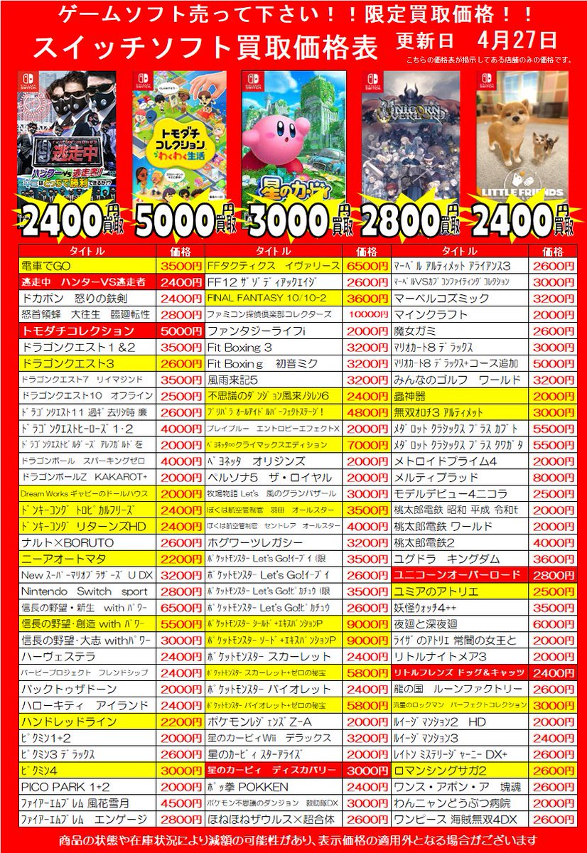 yanagyu1's tweet image. 🕺ゲームソフト買取価格更新させて頂きましたー🕺

🌟遊び終わったゲームはぜひ当店でお買取りさせてください🌟

商品の状態や在庫状況・相場状況により減額の可能性があり、表示価格の適用外となる場合がございます。

#スイッチ #PS5 #PS4 #買取