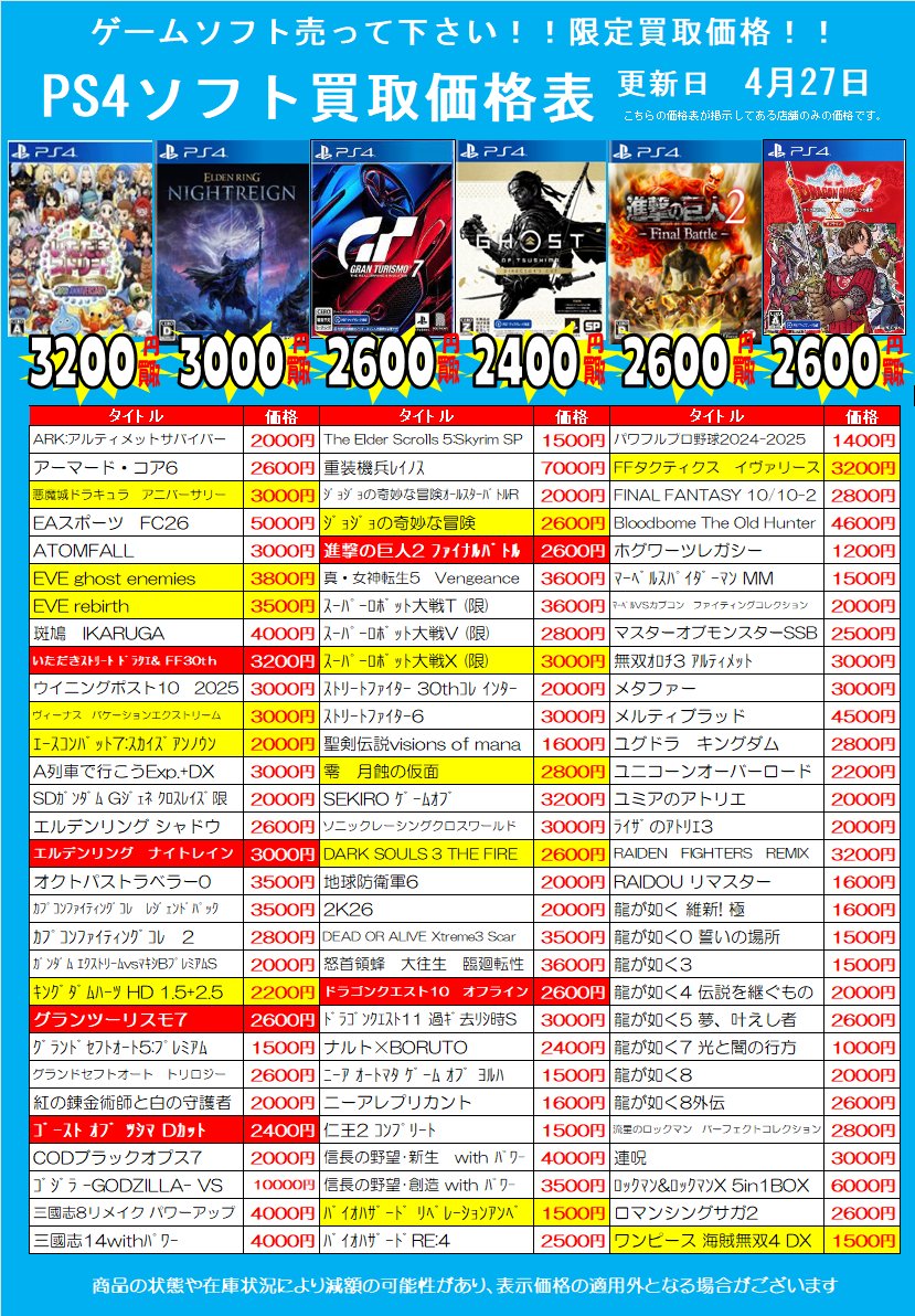 yanagyu1's tweet image. 🕺ゲームソフト買取価格更新させて頂きましたー🕺

🌟遊び終わったゲームはぜひ当店でお買取りさせてください🌟

商品の状態や在庫状況・相場状況により減額の可能性があり、表示価格の適用外となる場合がございます。

#スイッチ #PS5 #PS4 #買取