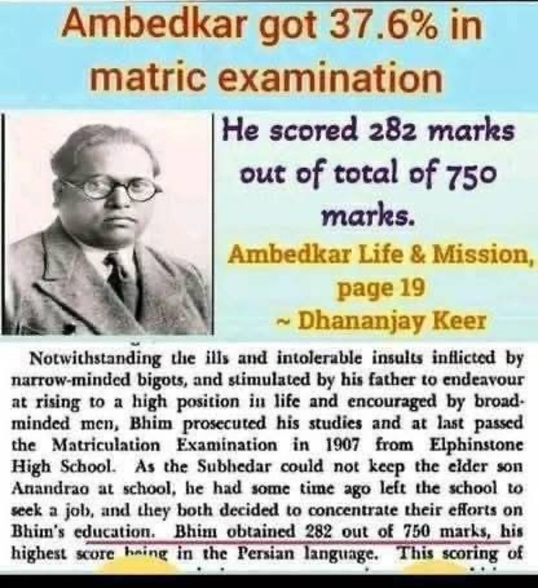 Abhishek3687585's tweet image. अगर 37% लाने वाला मेधावी था तो 98% लाने वाला कौन था #hindu #ambedkar #education