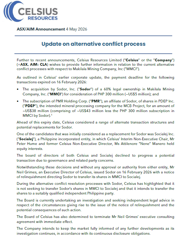 $CLA announces that a potential transaction with Socialej to replace Sodor for 60% of MMCI in the MCB MPSA and a subscription via PMR for shares in PDEP will not proceed