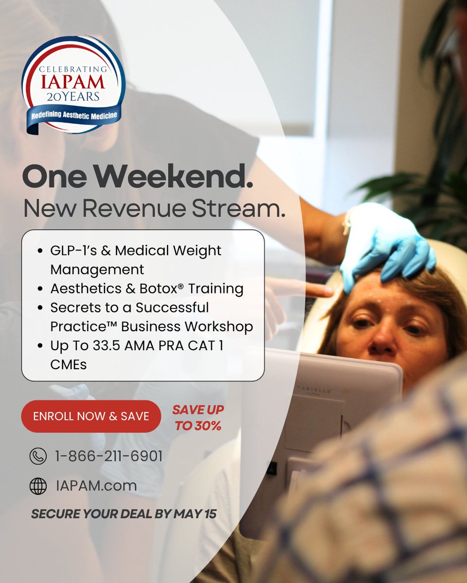 IAPAM's tweet photo. One weekend can open the door to a new revenue stream.

IAPAM’s hands-on aesthetic medicine training gives practicing MDs, NPs, and PAs the clinical and business foundation to confidently add services such as Botox®, GLP-1s, and medical weight management. https://t.co/RxgJrcH0Li