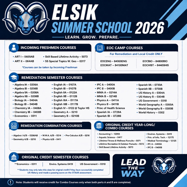 ElsikHighSchool's tweet image. ☀️📚 Elsik Summer School 2026 is here, Mighty Rams!

Stay on track, recover credits, and get ahead this summer with flexible course options and AM/PM sessions.

🗓️ June 3–30
📍 ENGC

🔗 Register now: bit.ly/elsik26summer

Show up ready and Lead the Way! 💙 #RamNation