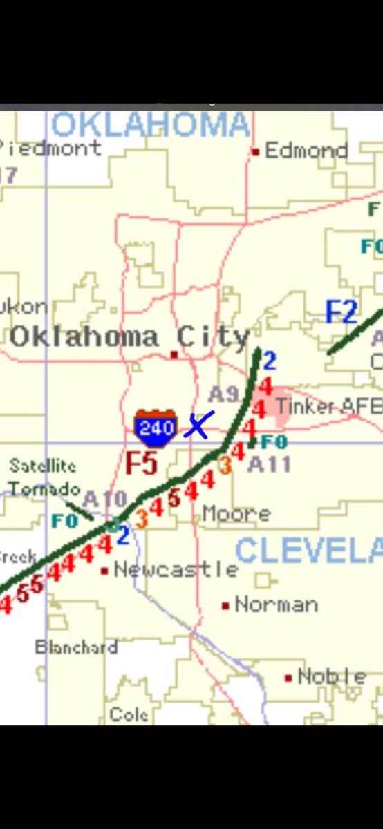 ColbyeffectWX's tweet photo. 27 years ago today, one of the largest #tornadoes ever, made a terrifying path through the #OKC metro. My location was the blue X located near I-35 and I-240.  I filmed it as it passed just south of me. #OKWX #F5 https://t.co/YXytv3ZFYH