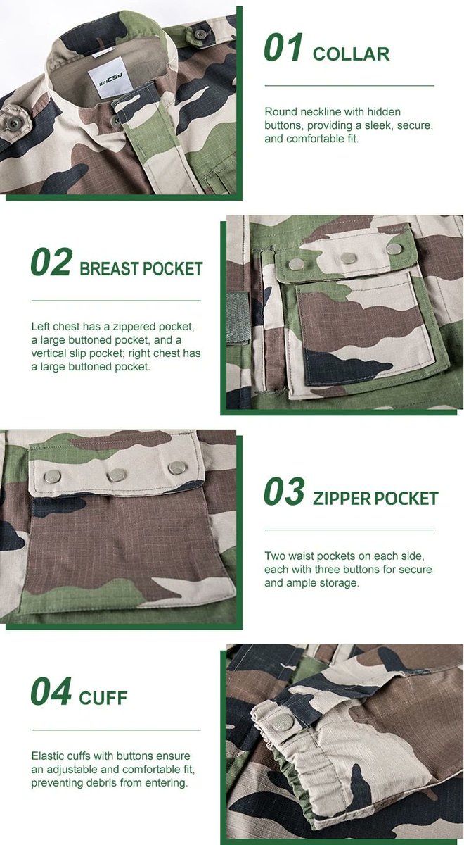 CsjWh62820's tweet image. Examine the tactical details of our French F2 Uniform in Jungle Camo. Featuring ripstop fabric, hidden-button collars, multi-functional pockets, and debris-blocking cuffs. Built for elite ops. 🛡️ Details: whcsj.com/project/french… #MilitaryUniform #TacticalGear