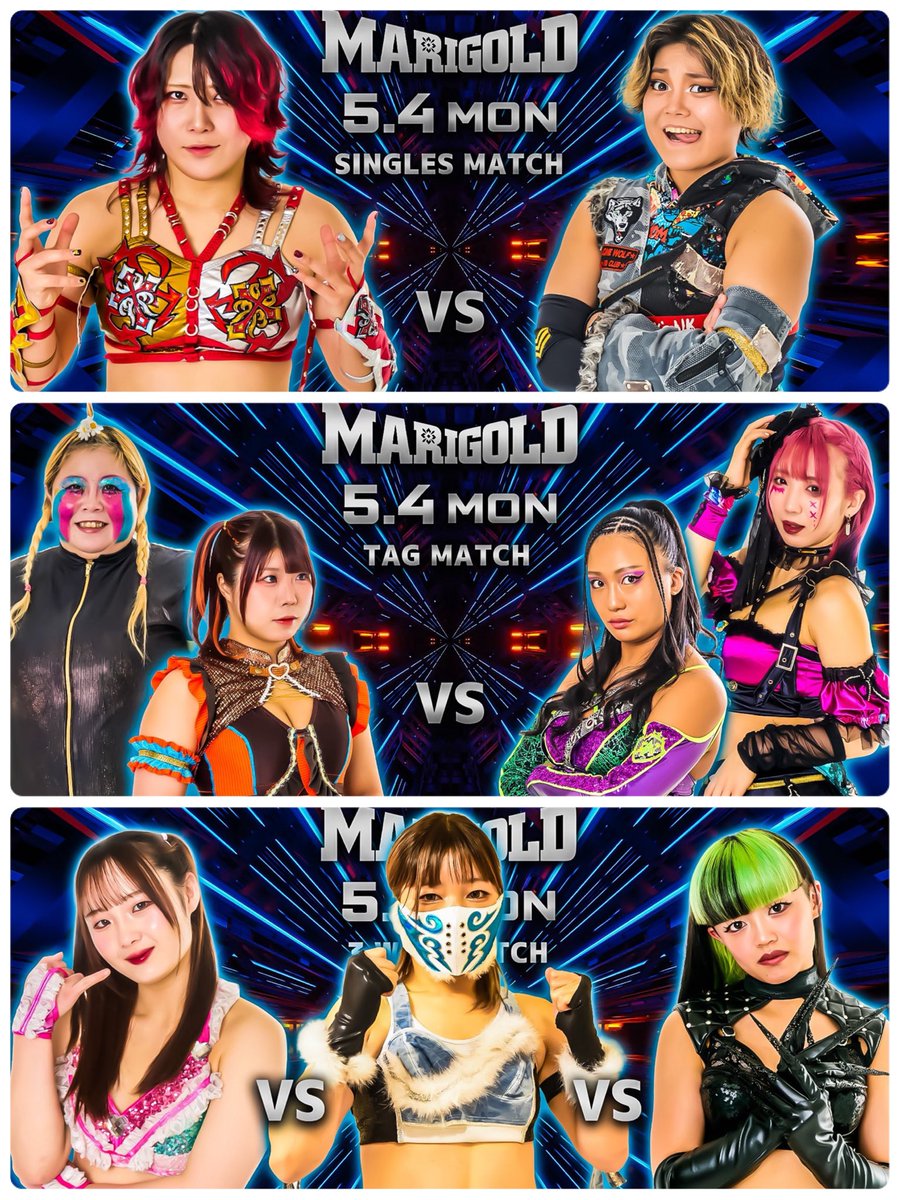 FIGHTOWNmayor's tweet image. 2026/5/4(月)
13:00-
茨城でマリーゴールド🌼
⑤青野&amp;amp;越野&amp;amp;橘v後藤&amp;amp;皇希&amp;amp;山﨑
③詩美v CHIAKI
#pw_mg

板橋でPURE-J🌈
⑤無差別級戦 中森華子v久令愛
②KAZUKI v小林香萌v SAKI
#purejpro
#COLORS

熊本でスターダム✨
⑦玖麗&amp;amp;水森&amp;amp;さくらv AZM&amp;amp;伊藤&amp;amp;XENA
①羽南&amp;amp;浜辺&amp;amp;金屋v小波&amp;amp;吏南&amp;amp;BEA
#STARDOM