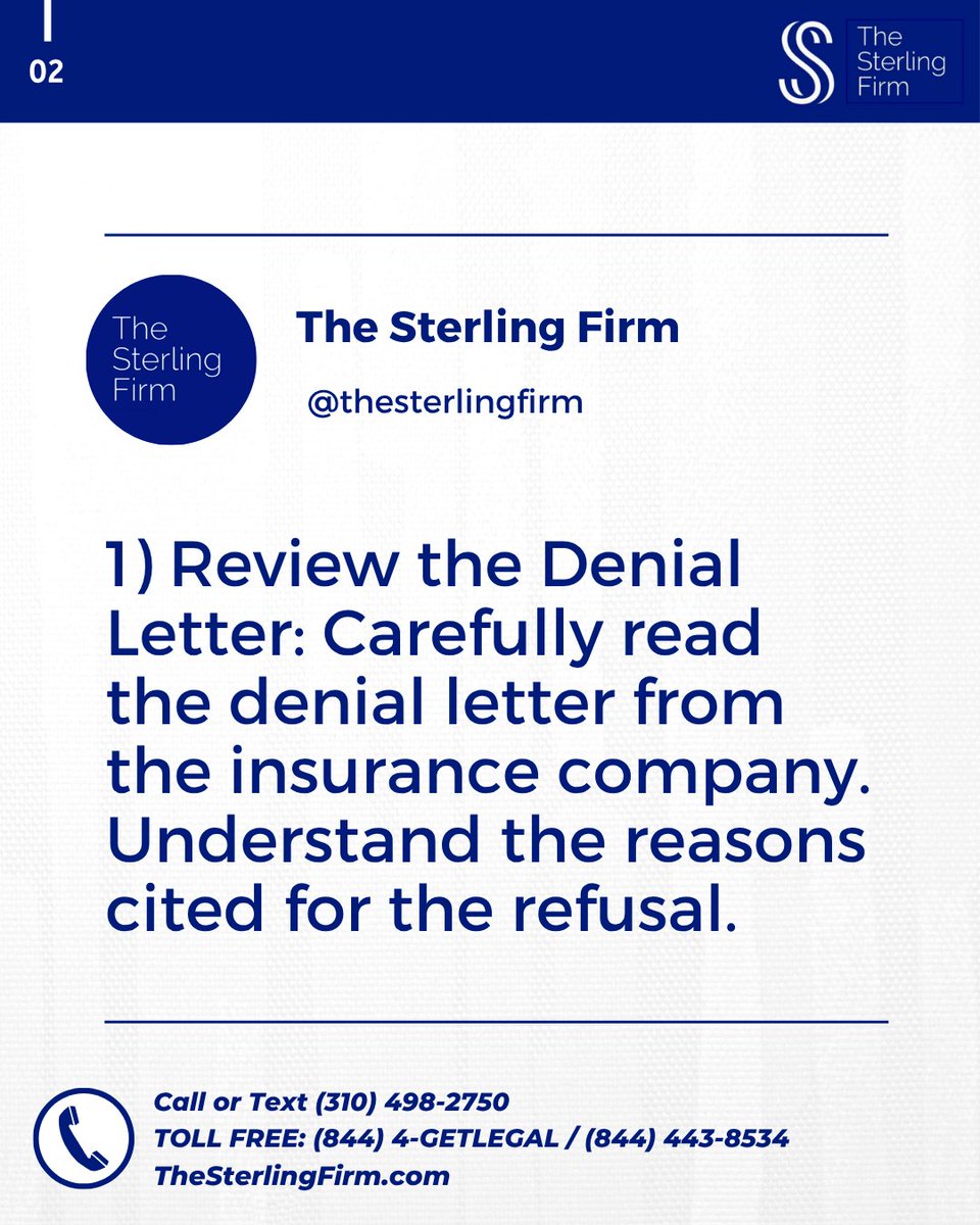 TheSterlingFirm's tweet image. Claim denied is not the end. Know your rights &amp;amp; next steps:

1. Review the denial letter &amp;amp; reasons.

2. Gather records, photos, witness info.

3. Speak with a personal injury lawyer.

We can help: thesterlingfirm.com

#InsuranceClaims #PersonalInjury #TheSterlingFirm