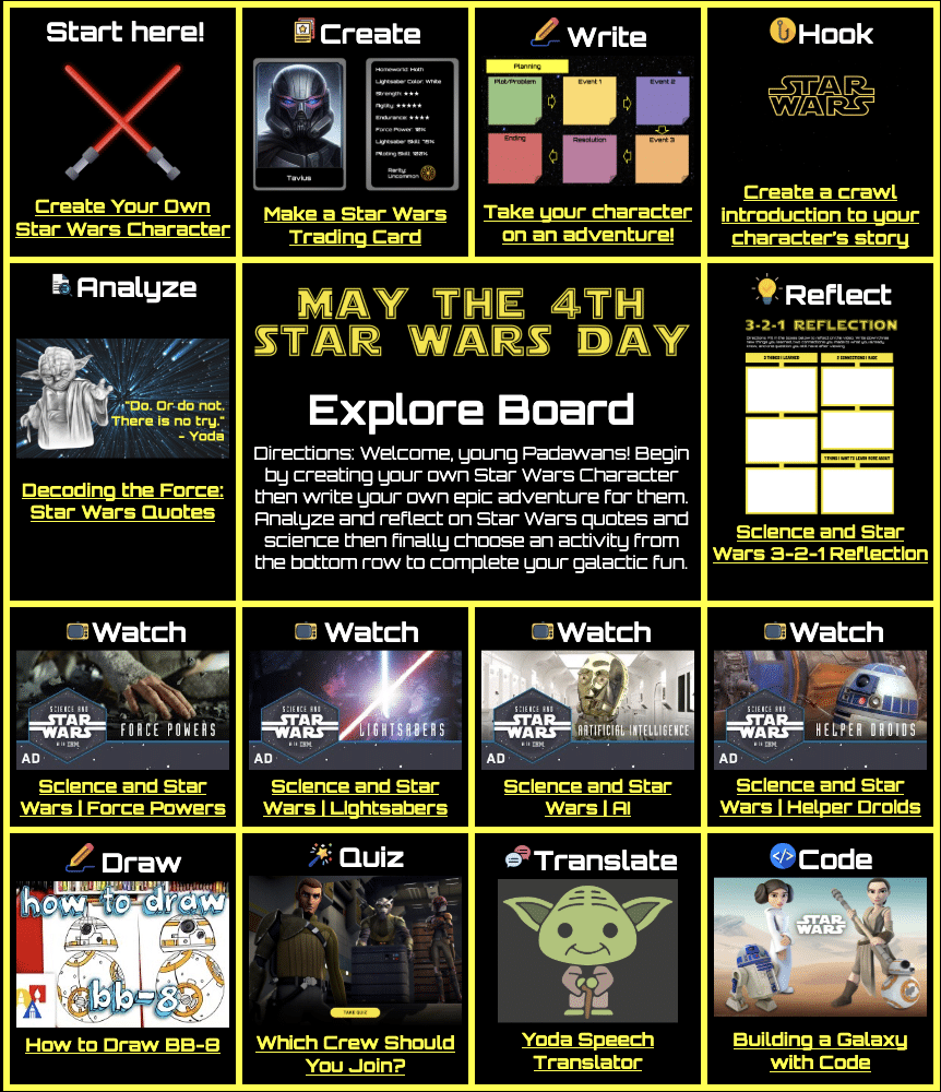 tonyvincent's tweet photo. Free Star Wars Day Explore Board. Links to interaction websites and YouTube videos.

https://t.co/CRommBfKL7 https://t.co/9H6vaJa3ei